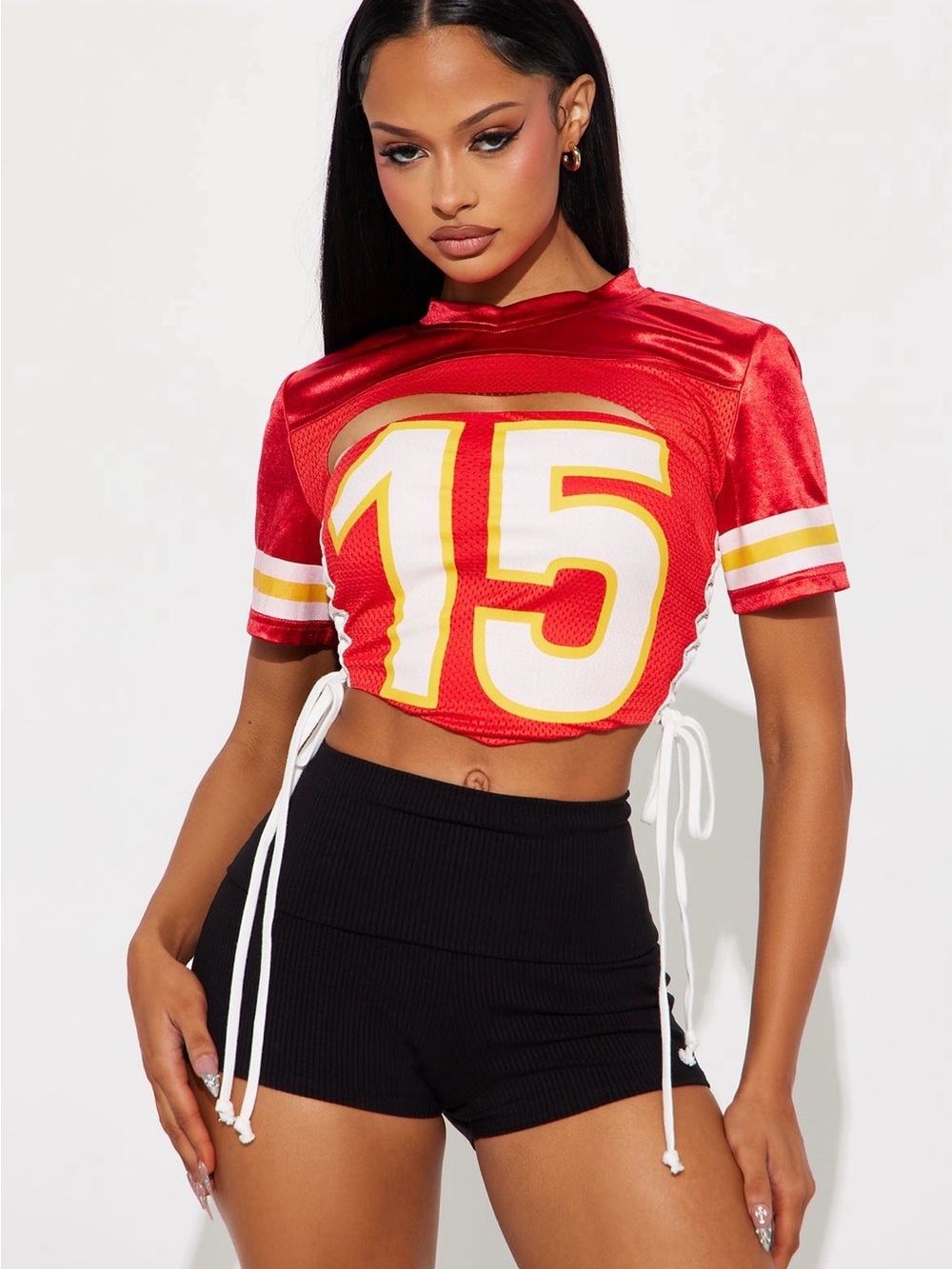 Fashion Nova Red Crop Jersey Top with Yellow-Trim '15' Graphic